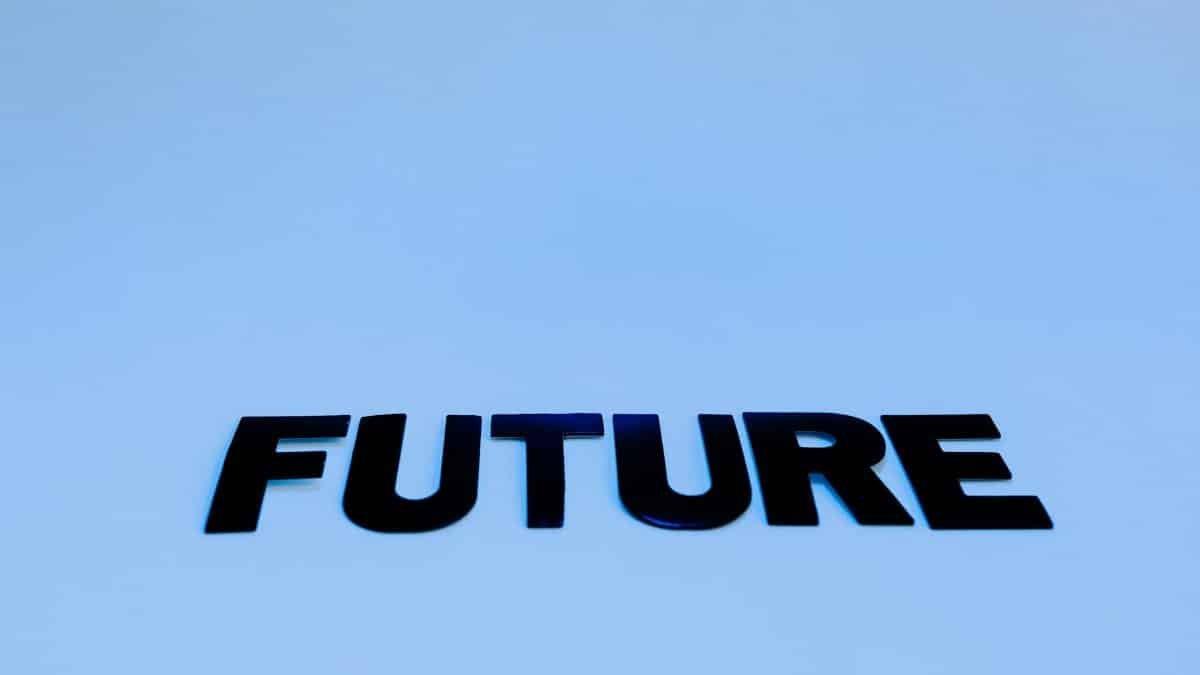 Bold 'Future' text on a serene blue background symbolizing optimism and potential.