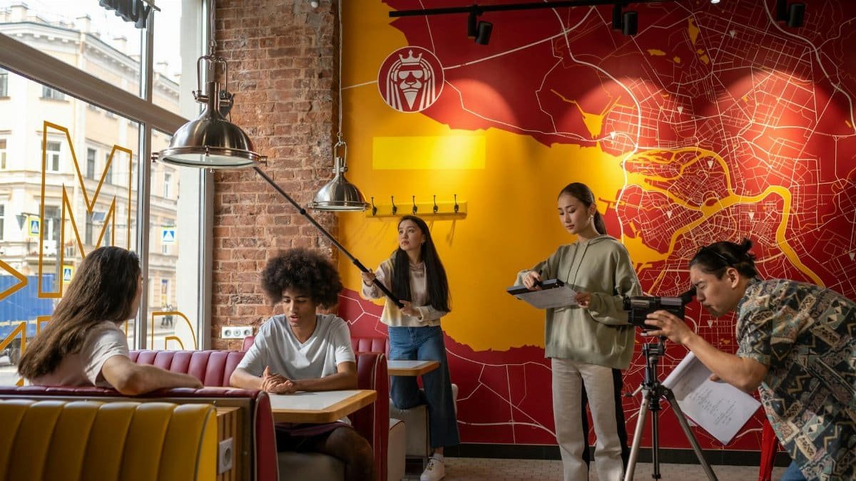 Group of young filmmakers working indoors in a vibrant restaurant setting with diverse crew members.