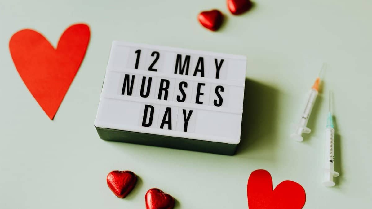 A tribute to Nurses Day with a lightbox message, hearts, and syringes on a pastel background.