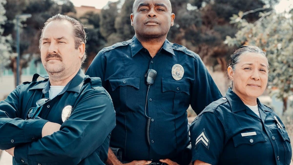 Group of diverse police officers posing outdoors, emphasizing unity and public safety.