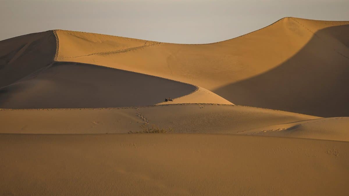 Tranquil landscape of large sand dunes with soft lighting, creating soothing shadows and textures.