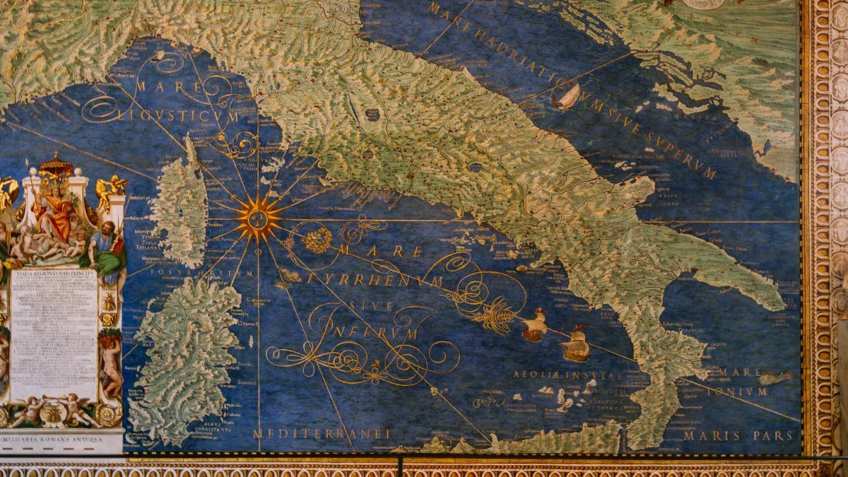Historical map of Italy located in the Vatican Museums, showcasing Renaissance artistry.