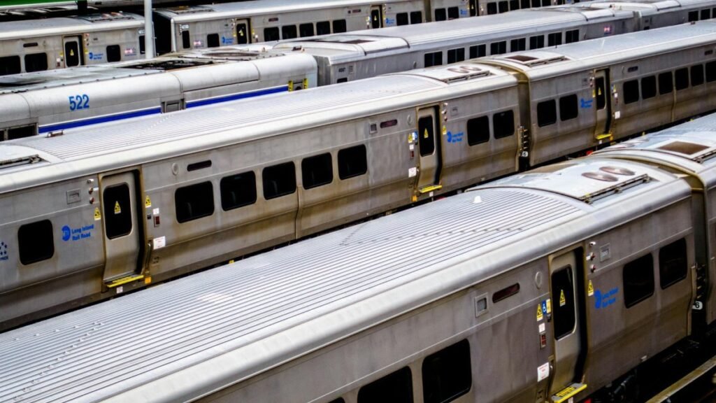 Aerial view of Long Island Rail Road trains in a station in New York. Perfect for travel and transportation themes.