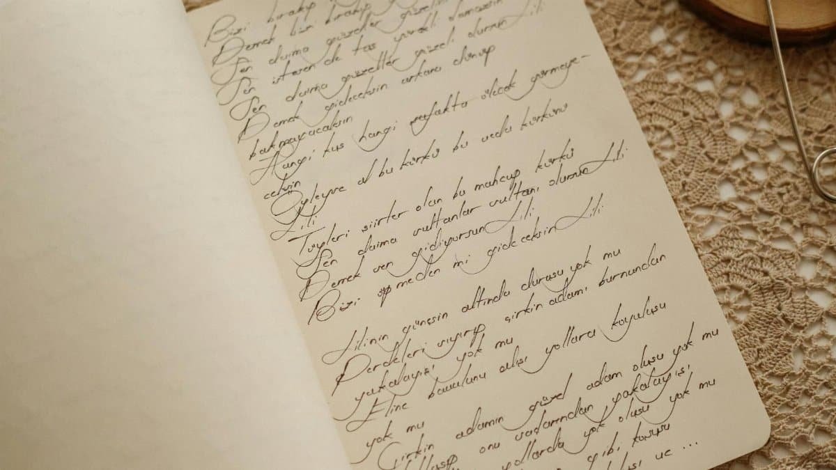 Handwritten calligraphy on beige paper with vintage lace tablecloth background.