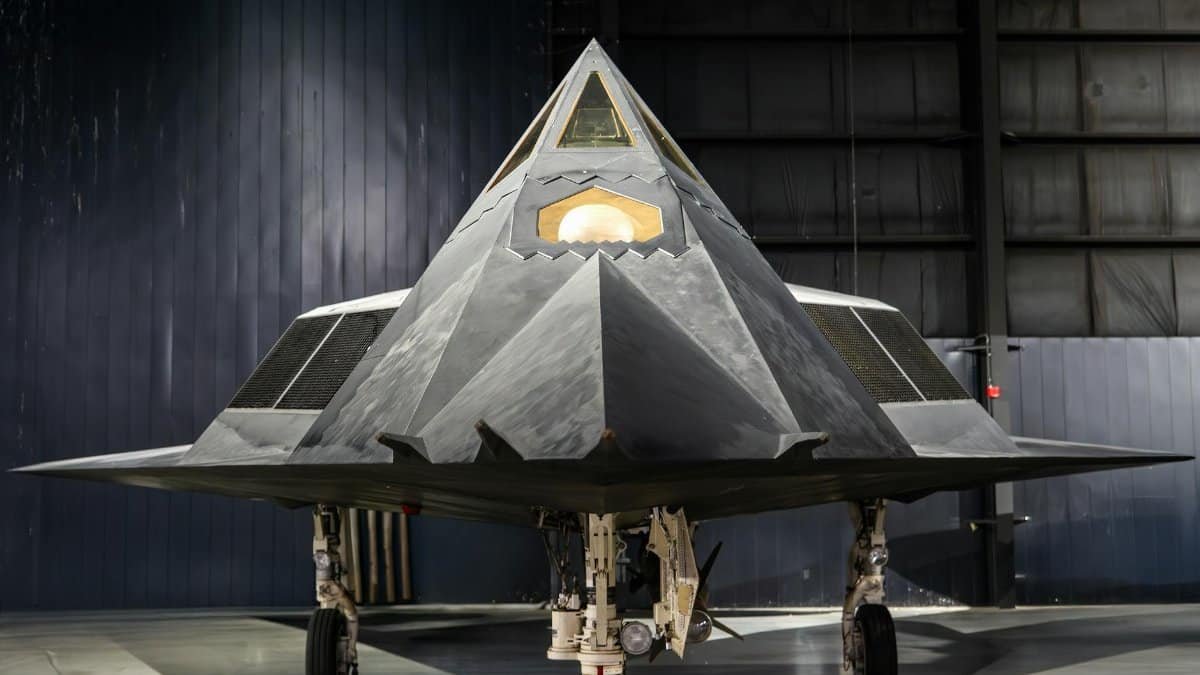 Front view of the iconic F-117 Nighthawk Stealth Fighter at a Dayton museum.