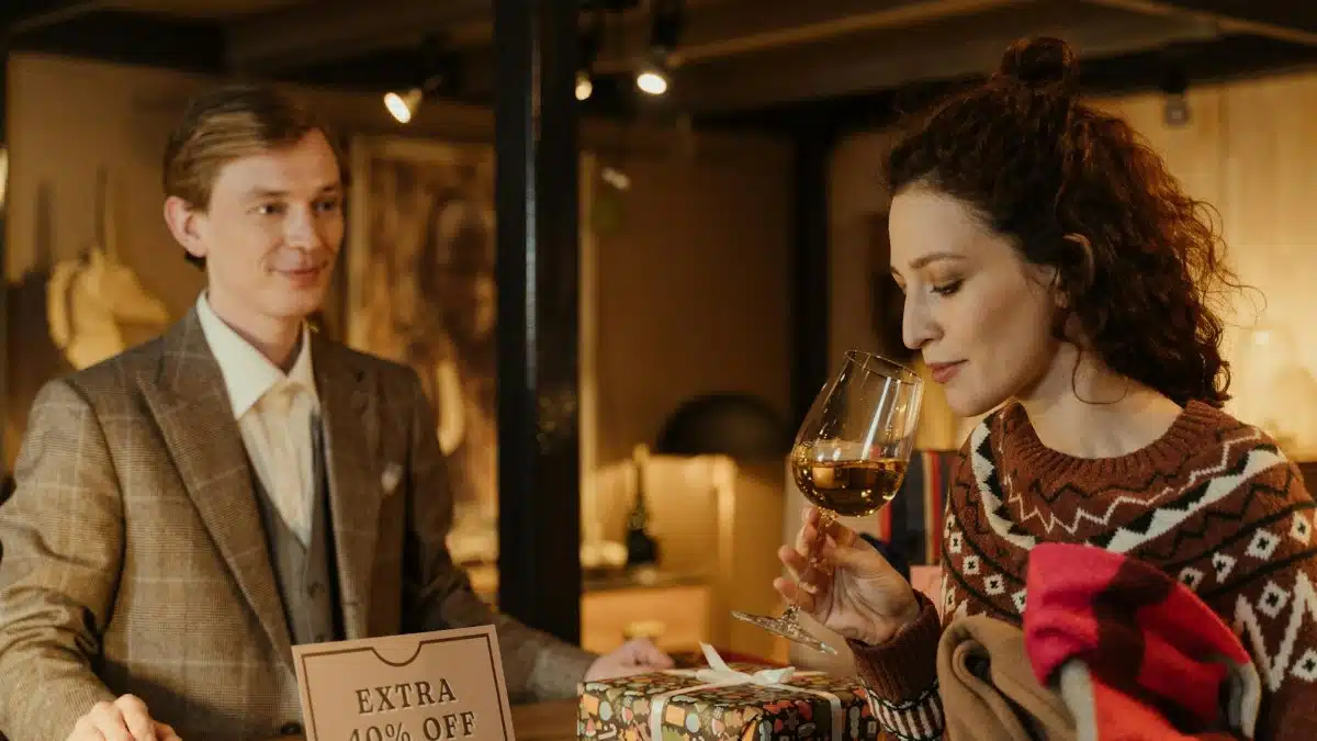 A woman enjoys a glass of wine during a sale experience at a cozy wine shop.