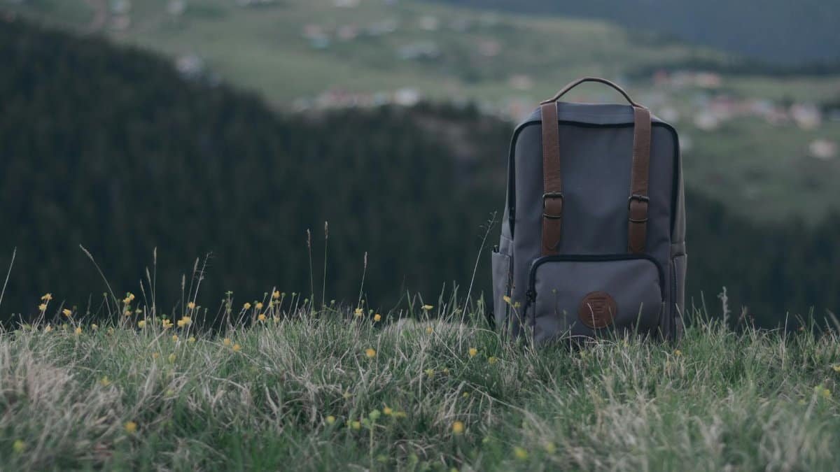 A trendy backpack sits amidst lush greenery with a scenic mountain backdrop, perfect for travel and adventure enthusiasts.