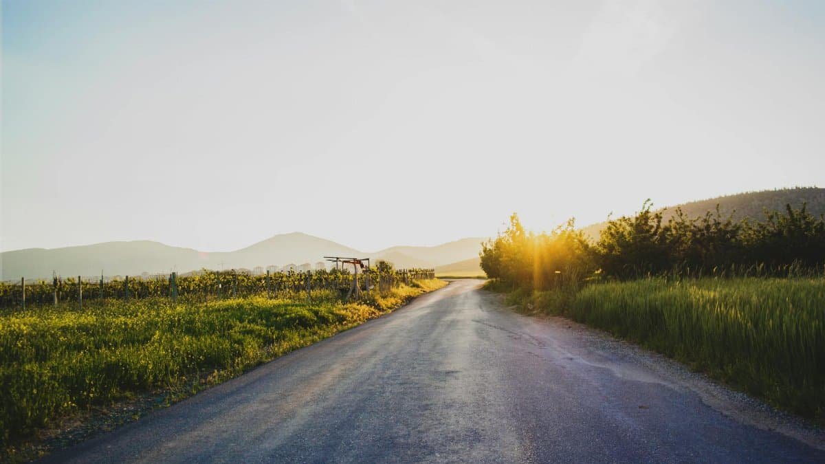 A serene countryside road illuminated by the warm glow of the setting sun, evoking tranquility and wanderlust.