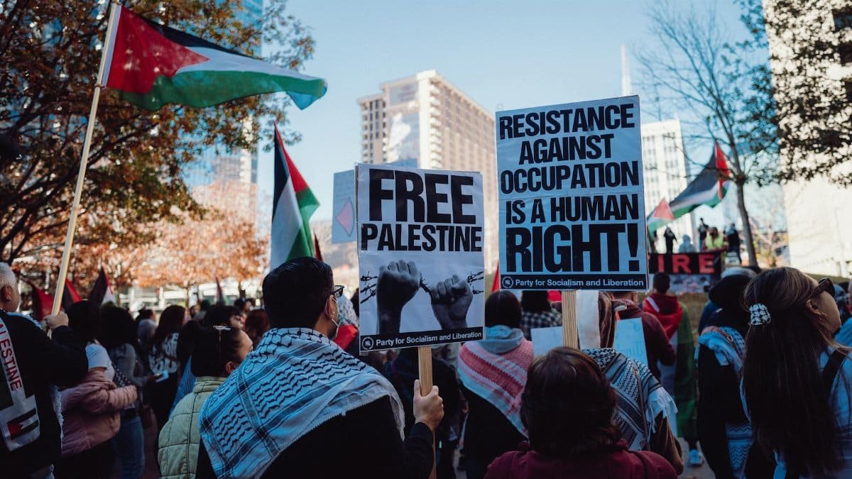A city rally with protesters holding signs promoting Palestinian rights and human rights advocacy.