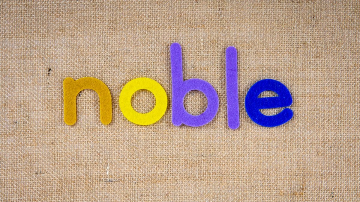 Vibrant felt letters spelling 'noble' on a textured burlap background, perfect for design projects.