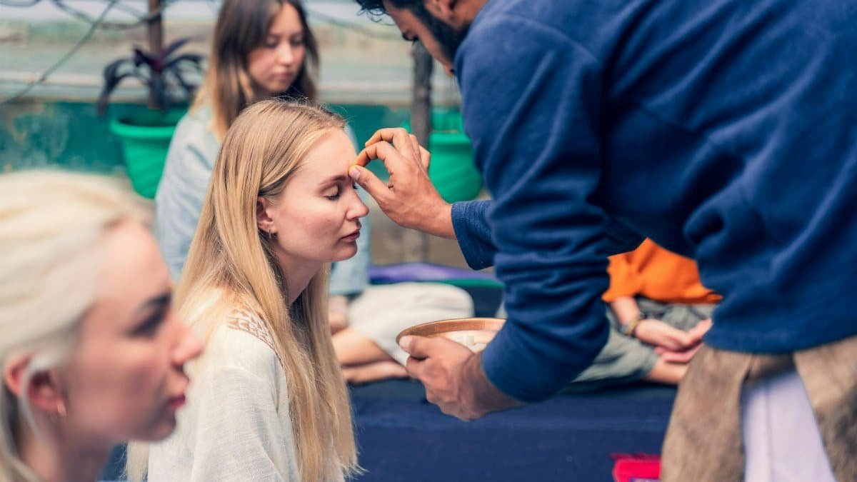 Group meditation and spiritual practice scene with focus on shared rituals and mindfulness.