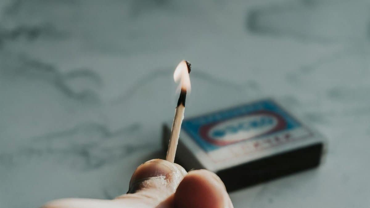 A detailed close-up of a hand holding a burning matchstick against a soft focus background.