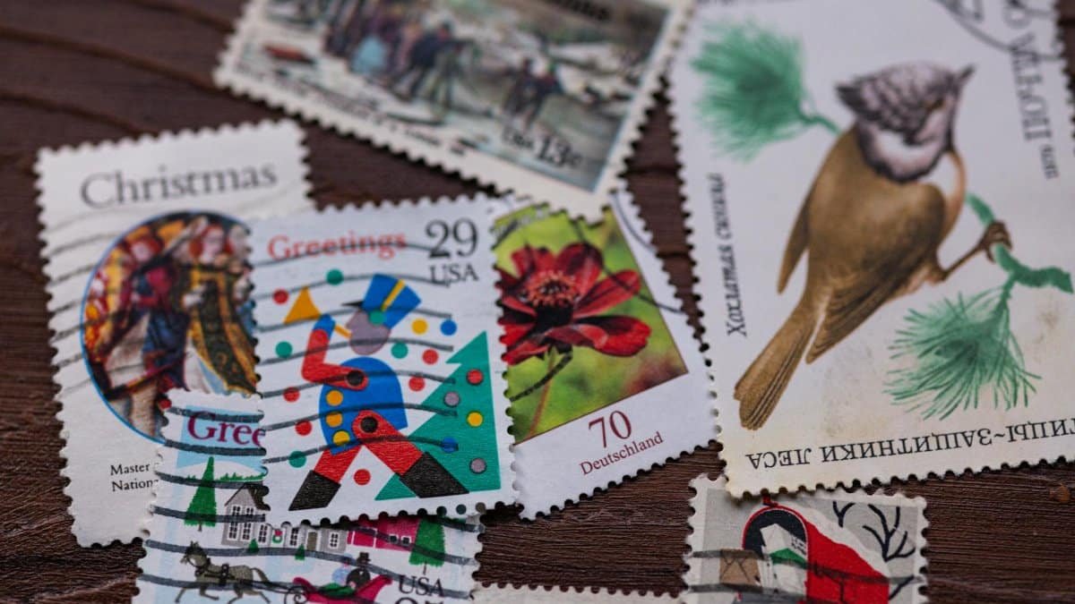 A mix of vibrant vintage postage stamps featuring seasonal and nature themes.