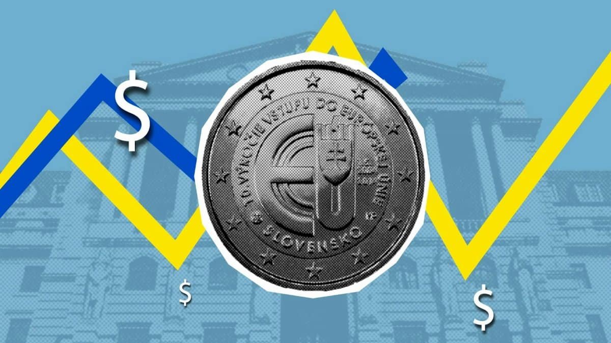 Illustration revealing economic concept of growth and decline of euro and dollar currencies against facade of historic building