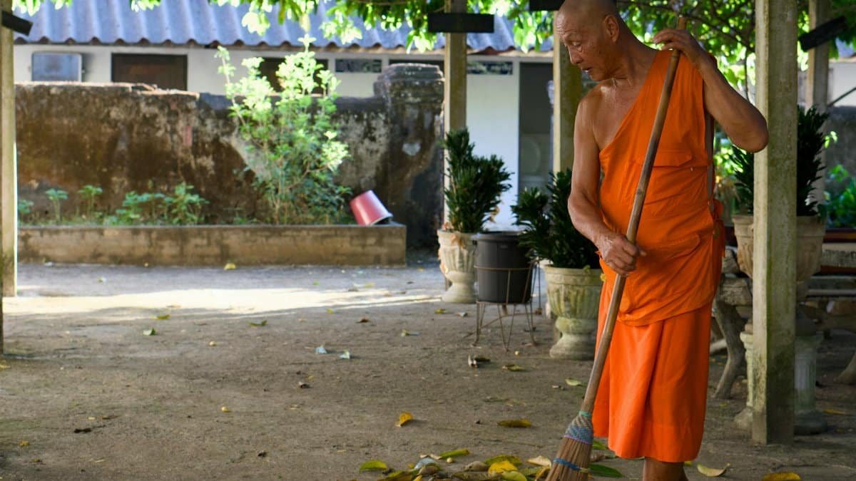 A serene scene of a Buddhist monk in orange robes sweeping a tranquil temple courtyard.