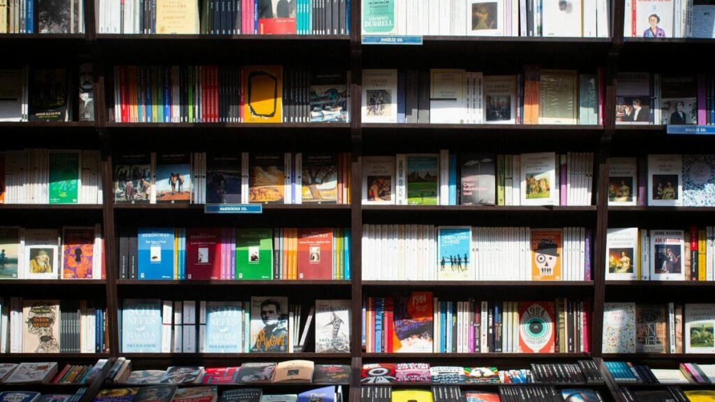 Wide array of books on a shelf in a cozy bookstore in Ankara, Türkiye.