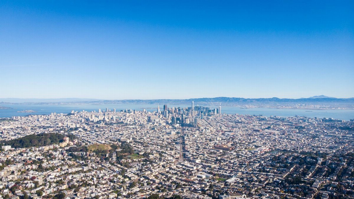Stunning aerial shot of San Francisco's skyline under a clear blue sky with the Bay in the background.