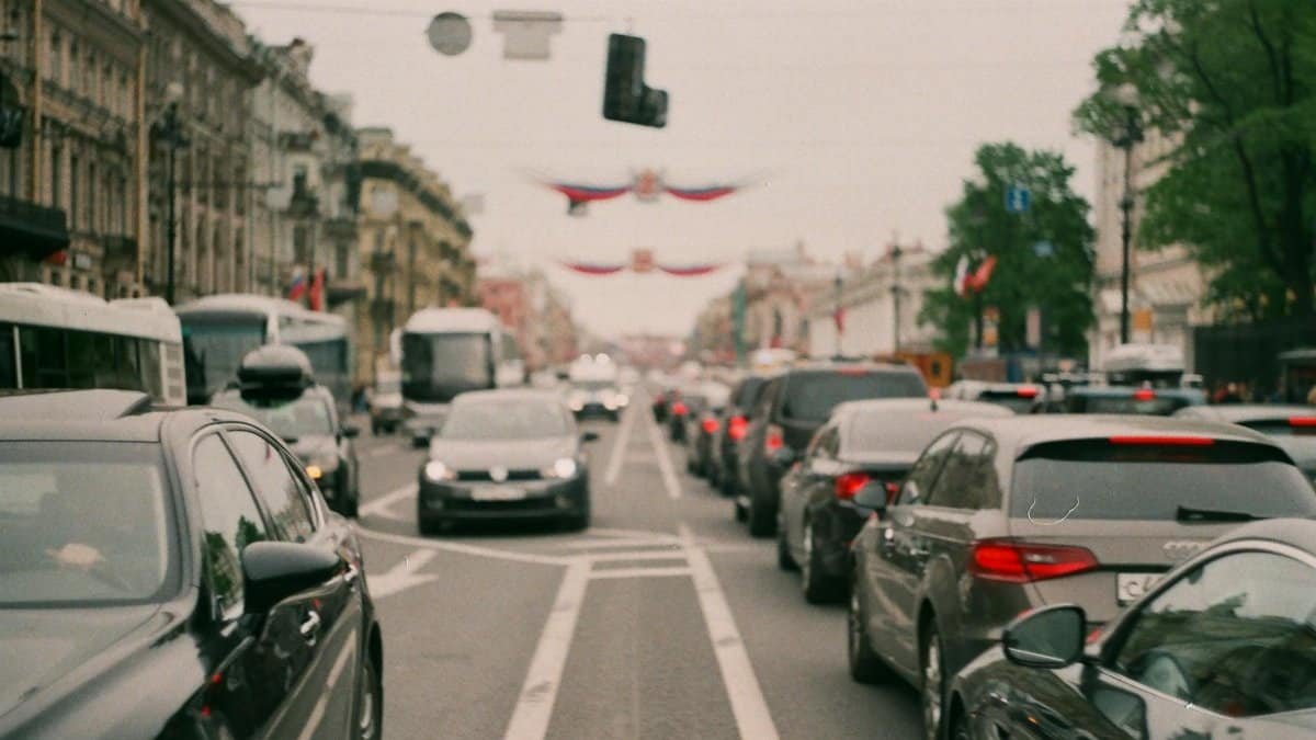 Long line of cars forming a heavy traffic jam in a bustling city center, showcasing urban congestion.