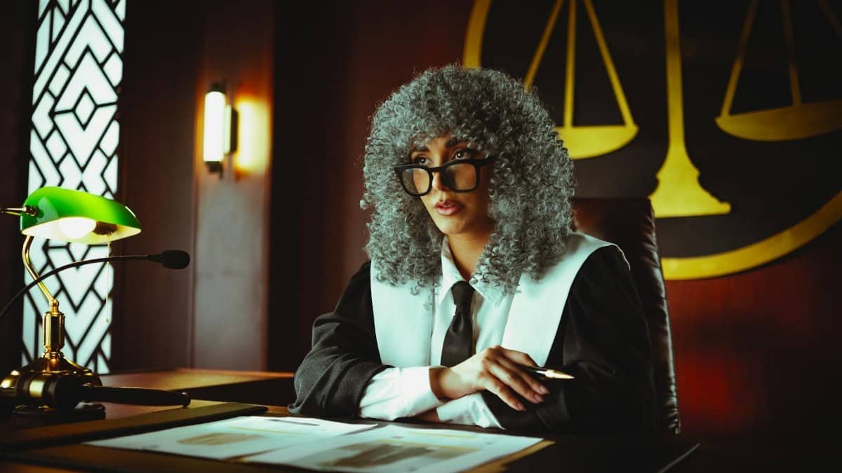 Female judge in courtroom setting, sitting at desk with justice scales in background.