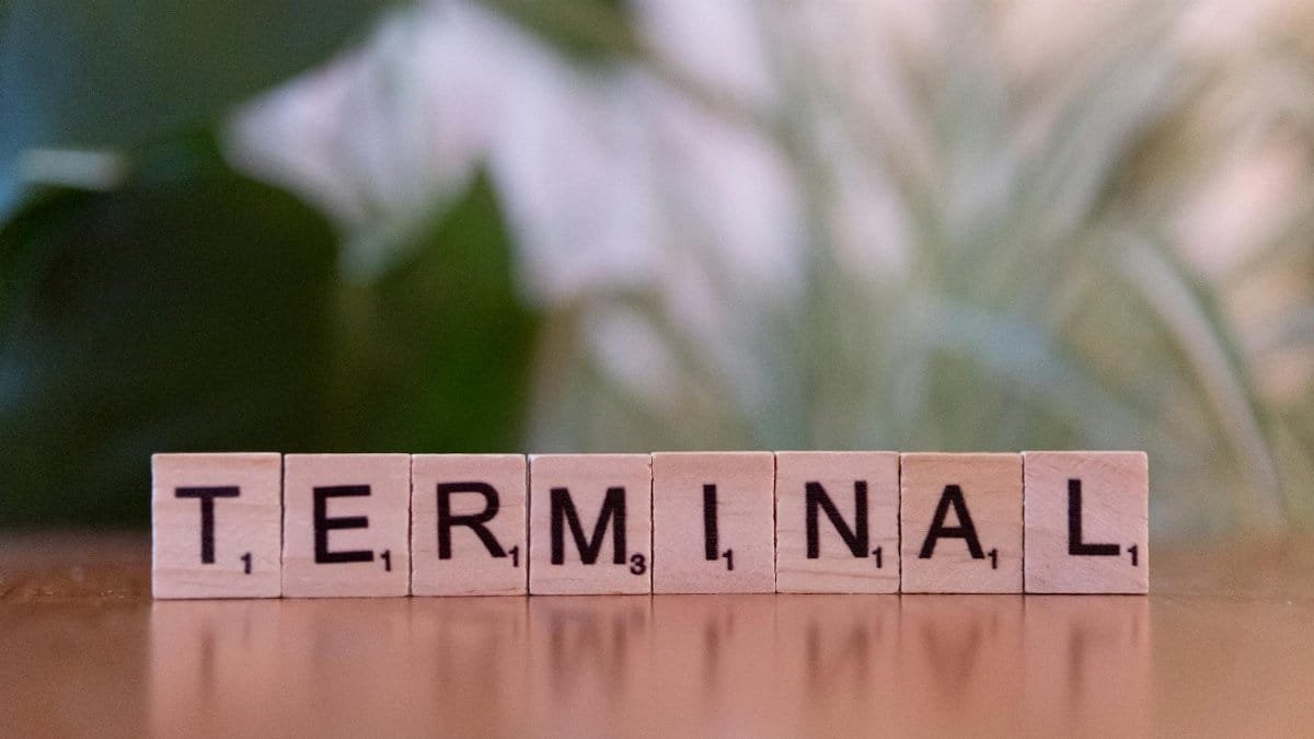 Wooden Scrabble tiles on a table spelling out the word 'Terminal'.