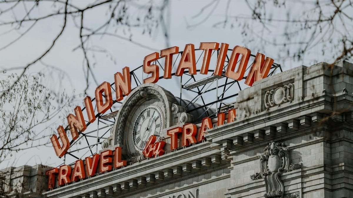 Close-up of Denver's Union Station facade, showcasing its neoclassical design.