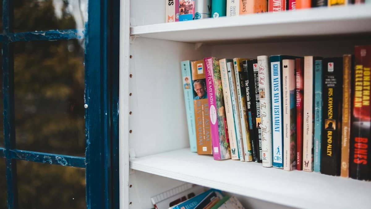 Collection of assorted different books placed in row on white wooden shelf in box