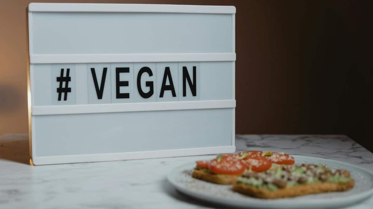 Stylish lightbox displaying '#VEGAN' beside a plate of avocado toast on a marble surface.
