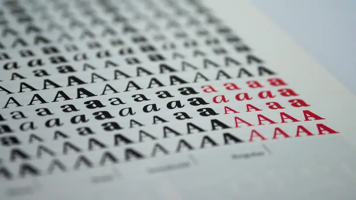 Close-up view of various printed letter 'A' styles in black and red on white paper.