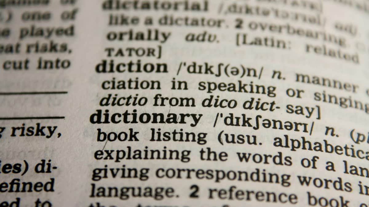 Detailed close-up view of a dictionary page highlighting the word 'dictionary' and its definition.
