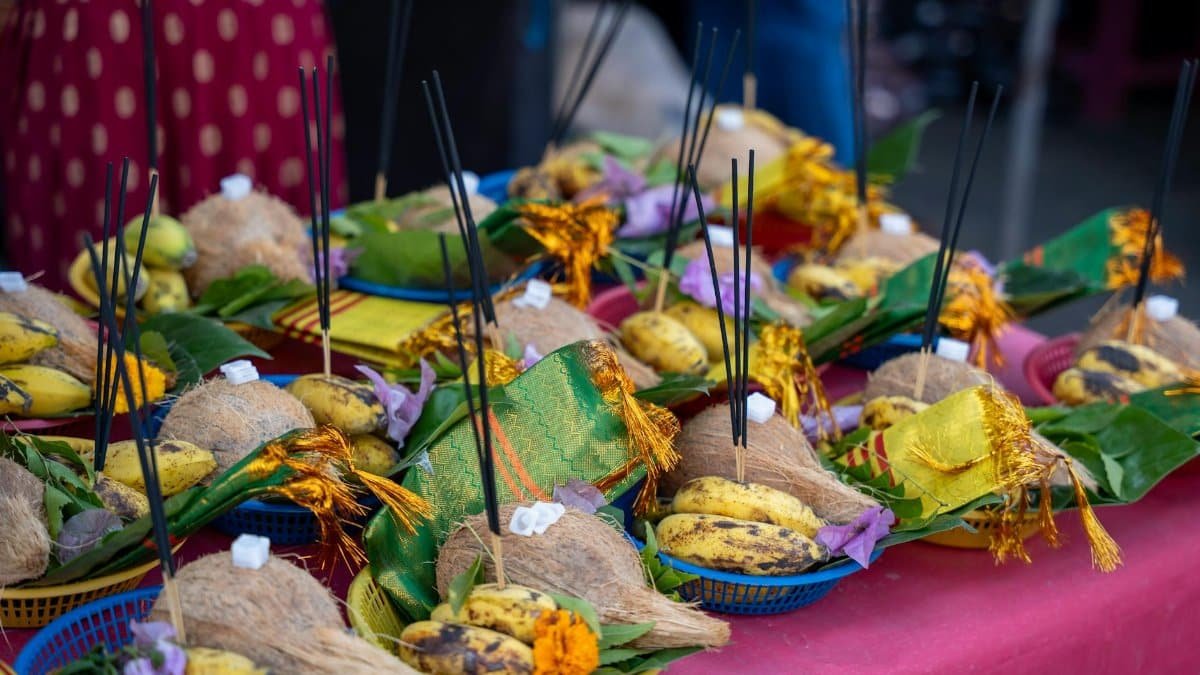 Vibrant festival baskets with coconuts and bananas, symbolizing Hindu rituals and cultural offerings.