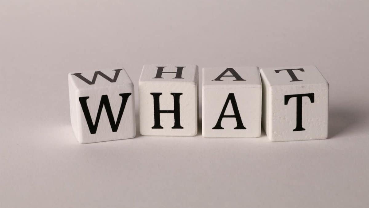 Close-up of wooden blocks with letters spelling 'What' on a white background, emphasizing curiosity and inquiry.