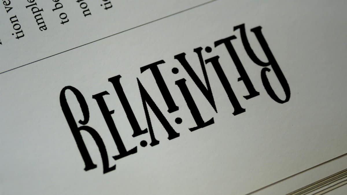 Close-up of artistic typography with the word 'Relativity' printed on paper.