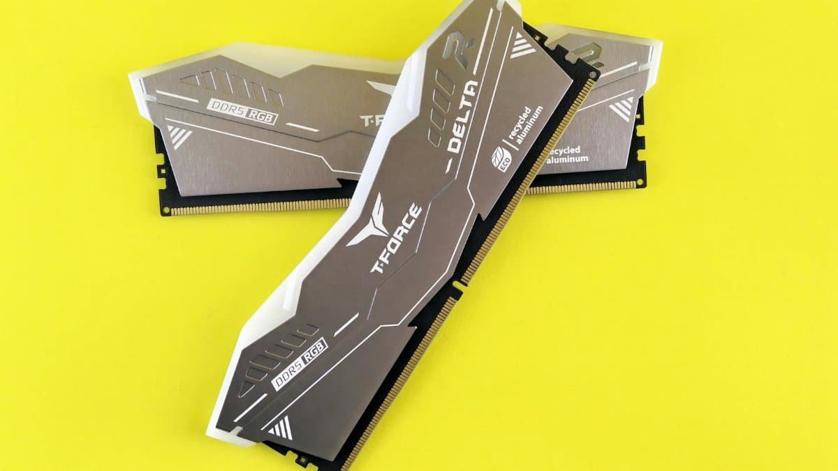 High-performance DDR5 RGB RAM modules featuring sleek design on a vibrant yellow backdrop.