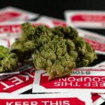 Close-up of cannabis buds with red and white ticket stubs in the background on a dark surface.