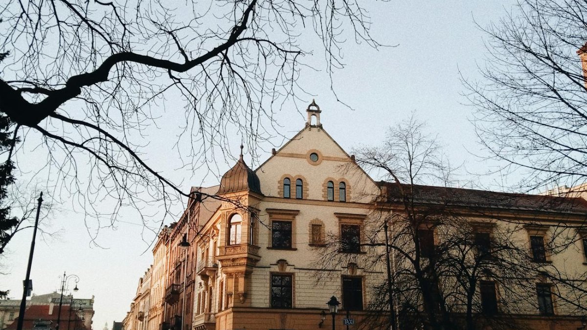 Charming urban scene with classic European architecture, bare trees, and parked cars at sunset.