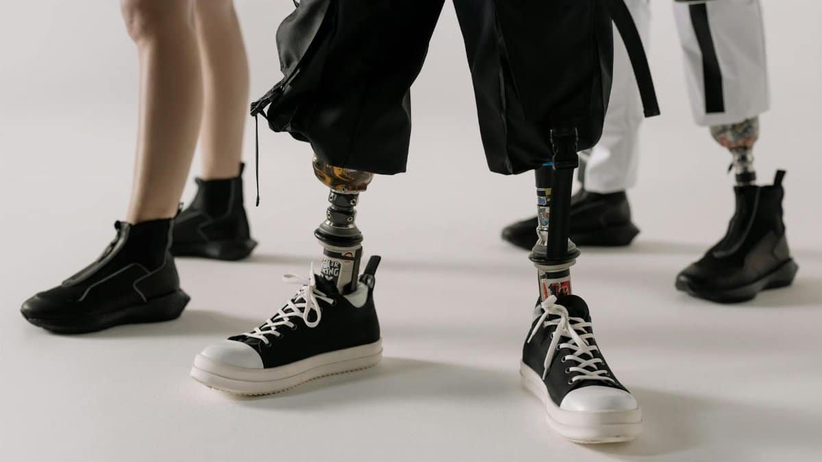 Focus on stylish footwear and advanced prosthetics in a contemporary setting.