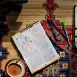 Top view of study materials and coffee on a patterned carpet. Perfect for academic or study themes.