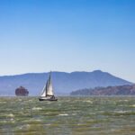 Sailboats navigate San Francisco Bay's azure waters with scenic hills in the backdrop.