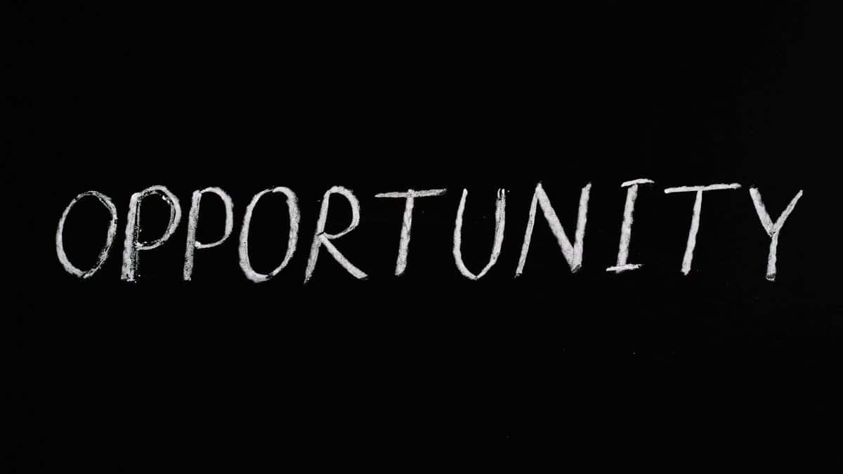 Word 'Opportunity' written in chalk on a black chalkboard, symbolizing new possibilities.