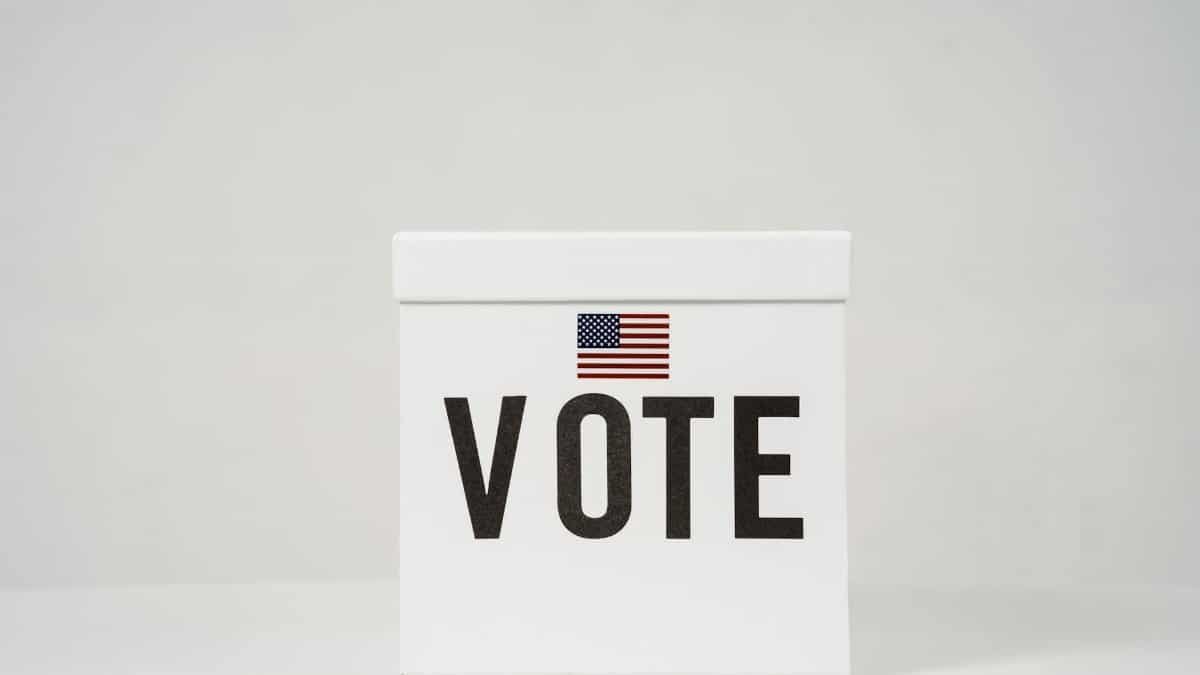 A minimalist ballot box with 'Vote' and an American flag, symbolizing elections.