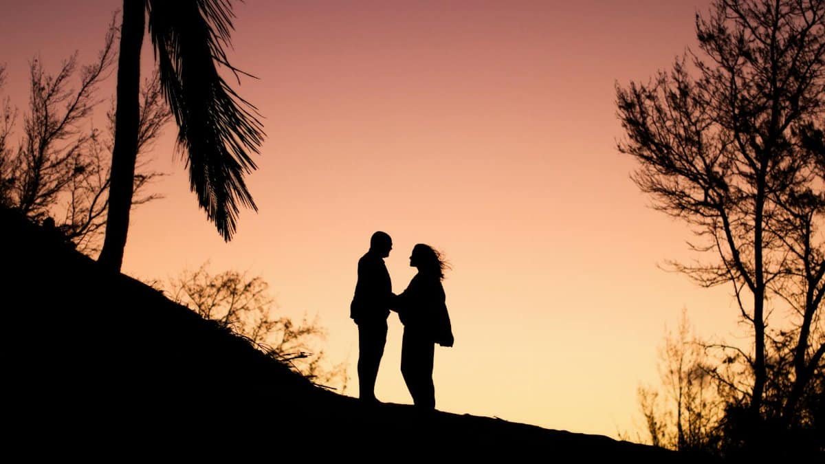 A romantic silhouette of an expecting couple holding hands against a vibrant sunset.