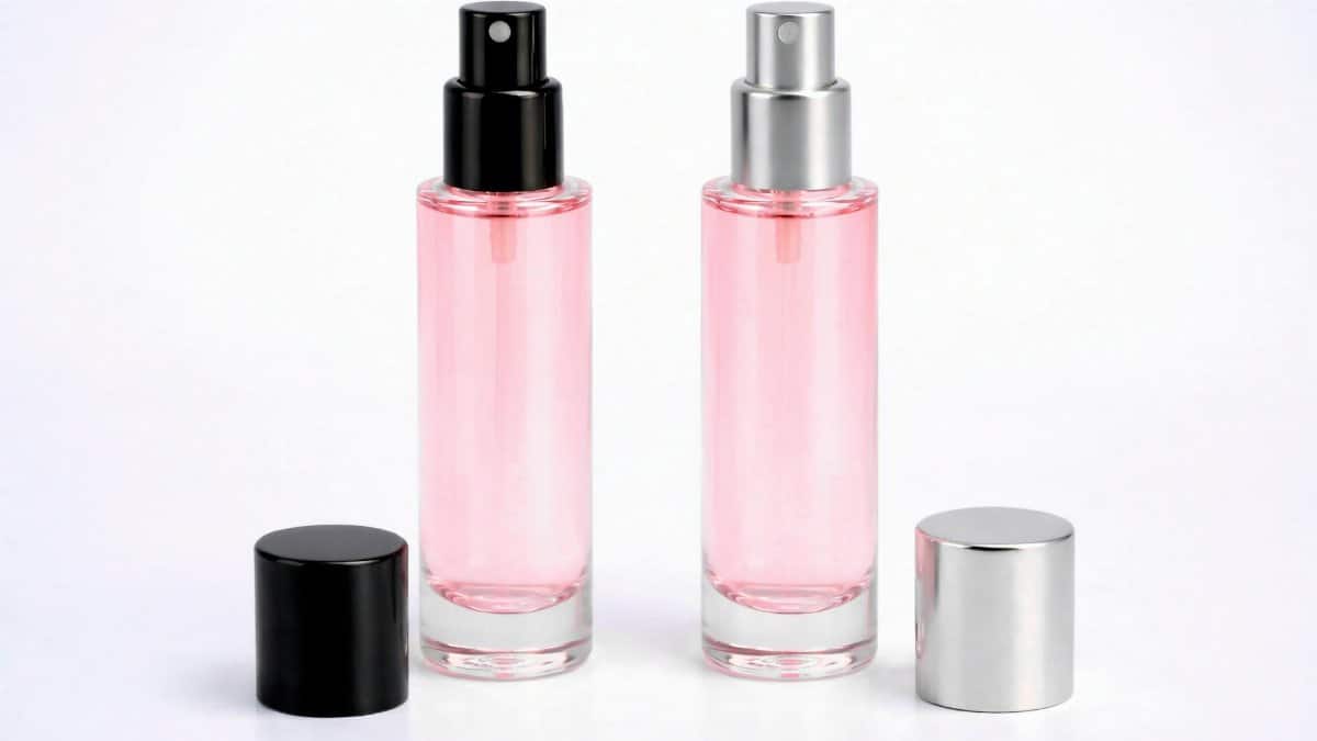 Two elegant pink perfume bottles with black and silver caps on a bright white surface.