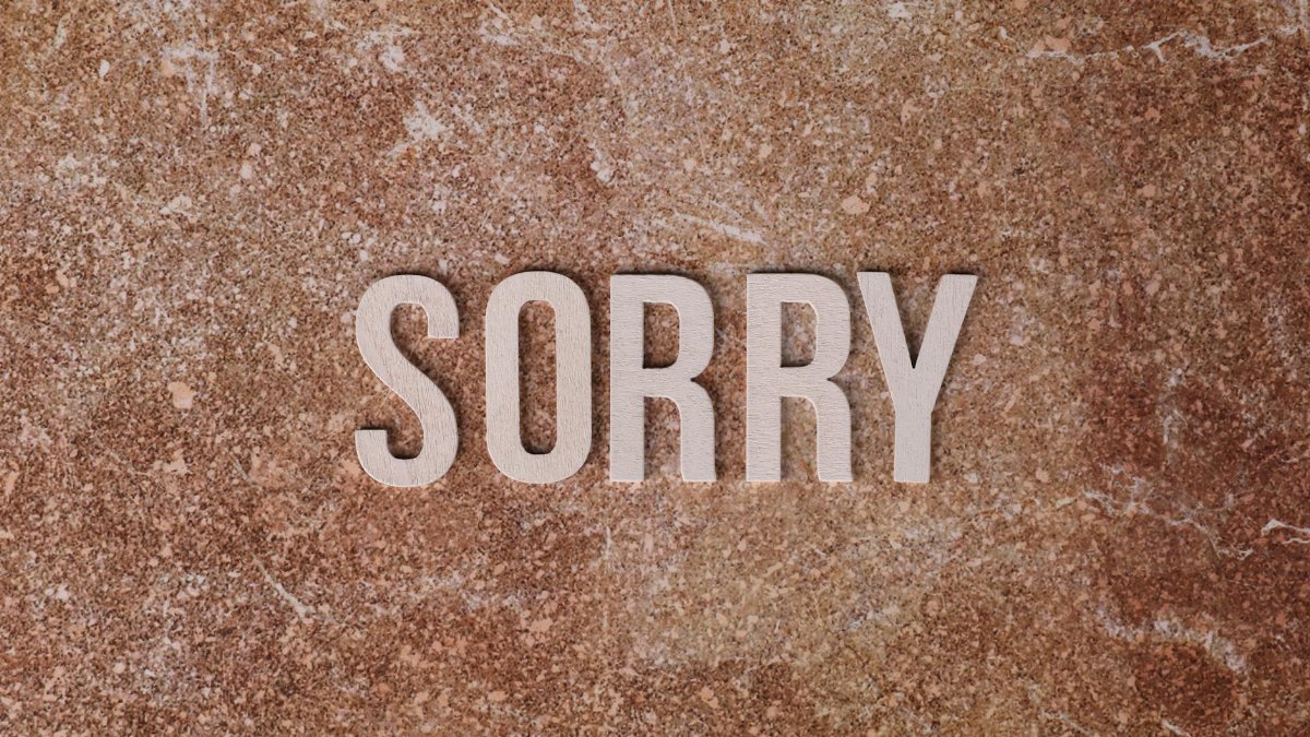 Wooden letters spell 'SORRY' on a textured brown stone background, expressing apology.