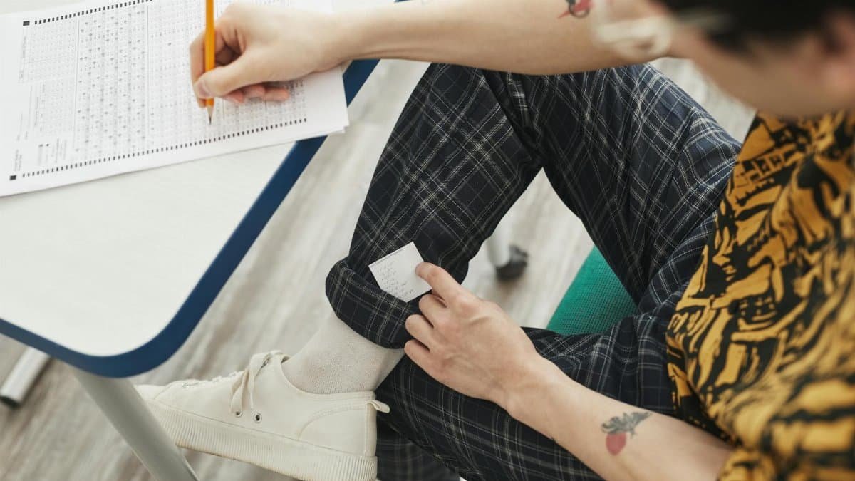 A student using hidden notes to cheat during an exam, showcasing academic dishonesty.