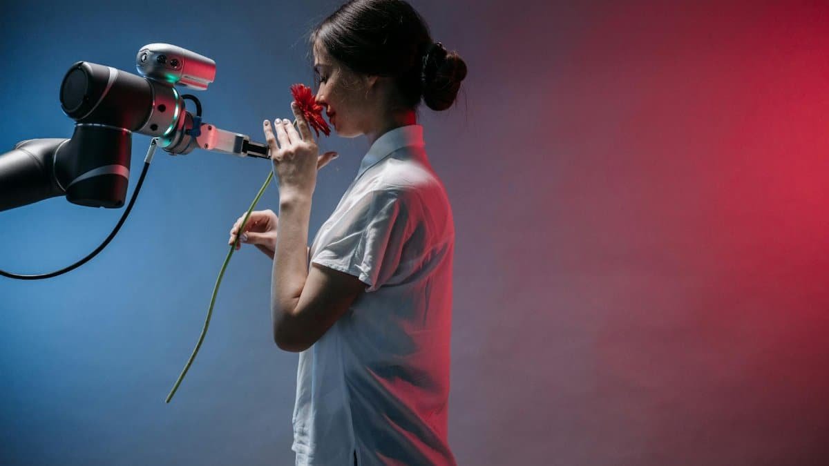 A woman in a lab coat interacts with a robot arm holding a red flower, symbolizing technology and nature.