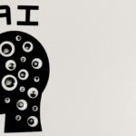 Abstract illustration of AI with silhouette head full of eyes, symbolizing observation and technology.