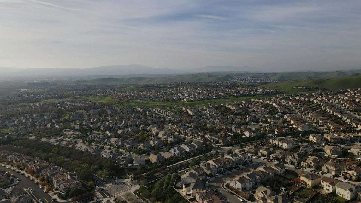 Stunning aerial shot of a Dublin, CA residential area showcasing suburban beauty and organization.