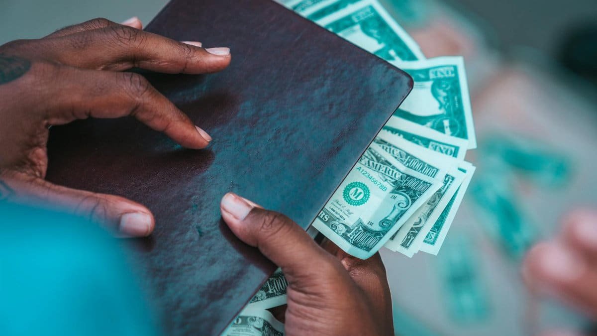 Close-up of hands holding a leather wallet and dollars, showcasing wealth and finance.