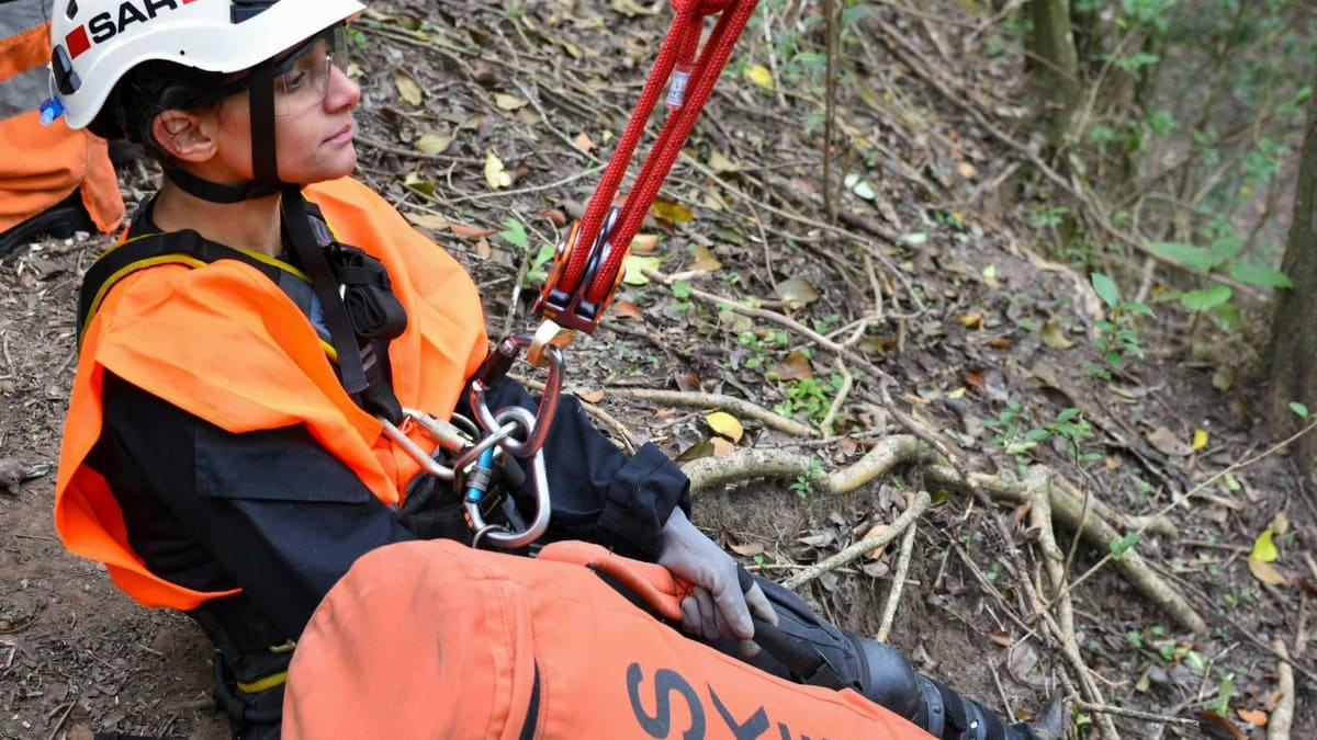 Emergency responder practicing Search and Rescue operations in the forests of Argentina.