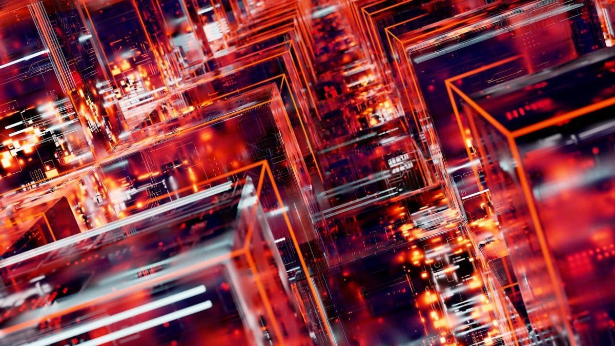 Vibrant abstract digital art featuring geometric blocks with LED light effects in a network pattern.